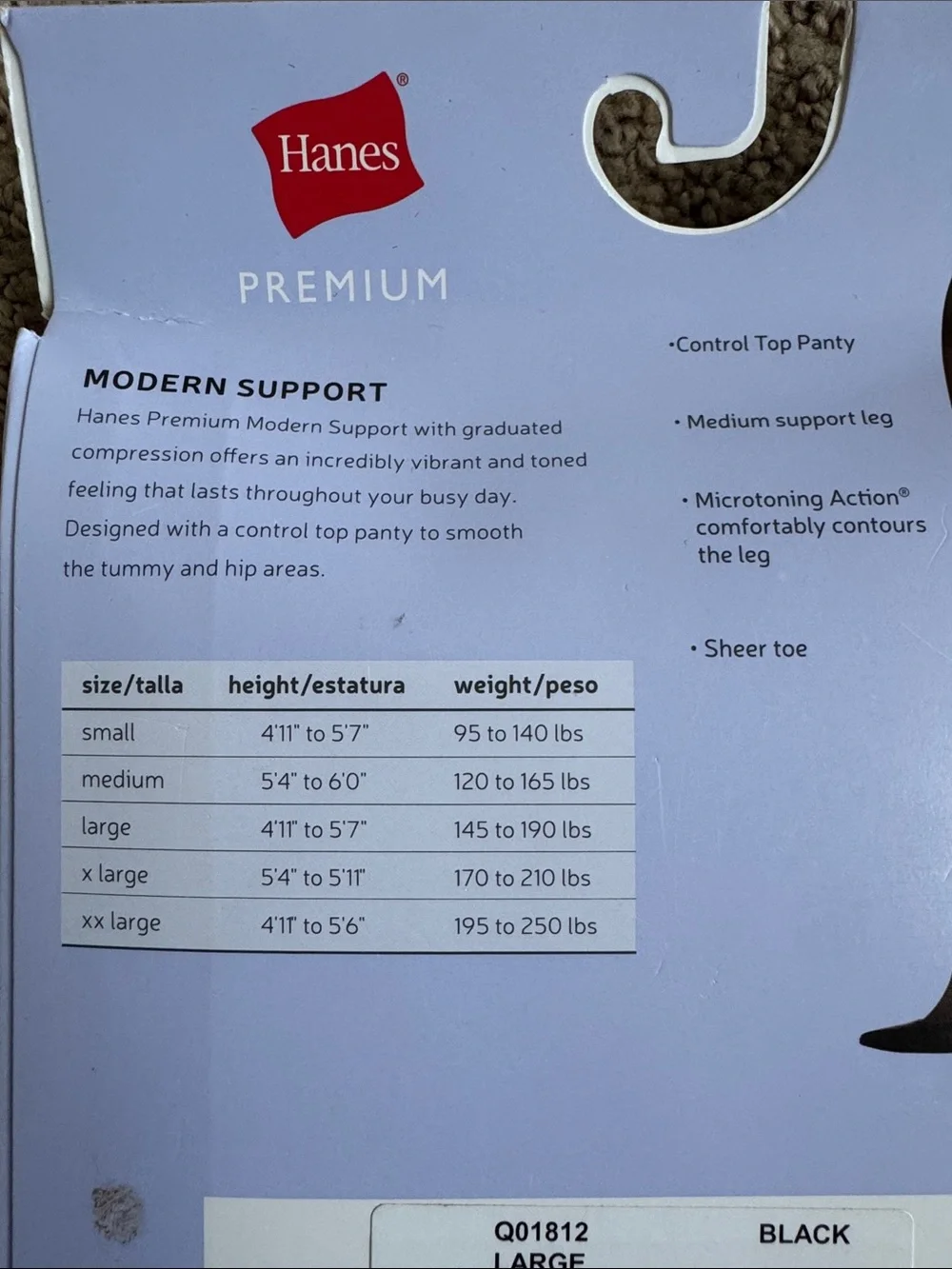I46 Hanes 2 Pack Premium Modern Support Medium Coverage Pantyhose- Size: Large